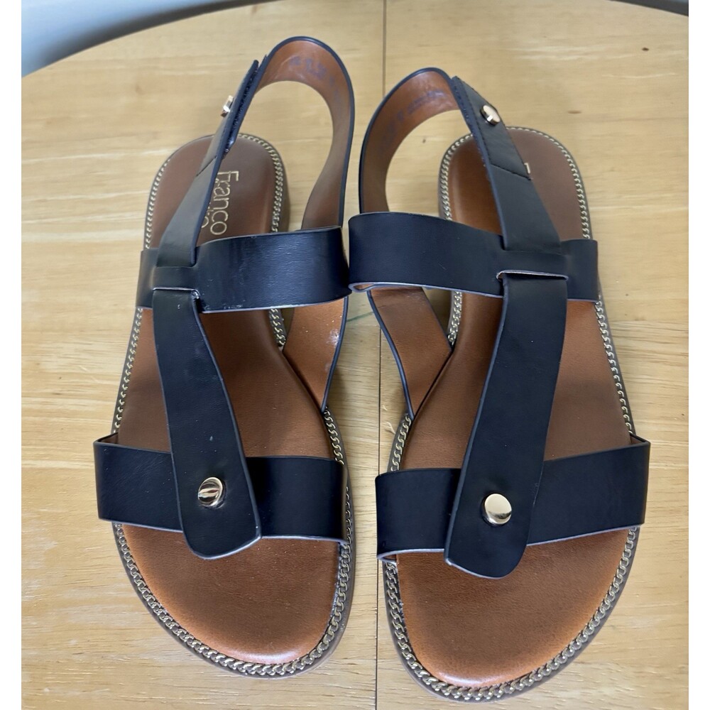 Franco Sarto Glenni Sandals Womens 8.5 M Ankle Strap Toe-Post Flat Leather Black